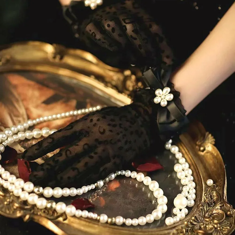 Women's Black #4 Short Lace Pearl Bow Gloves Style Wedding Opera Party Prom